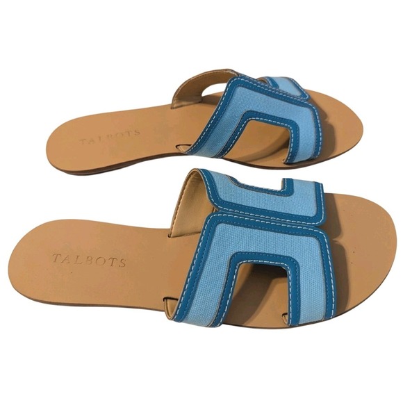 Talbots Women's Leather Hannah Slides Turquoise Blue Slip-On Flat Sandal 8 - Picture 2 of 9